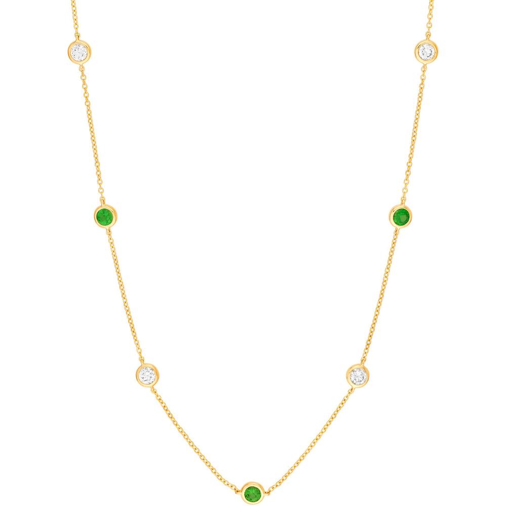 Olas d'Oro - 14K Yellow Gold 0.44 Carat Diamond & Tsavorite Station Necklace with Bezel Setting