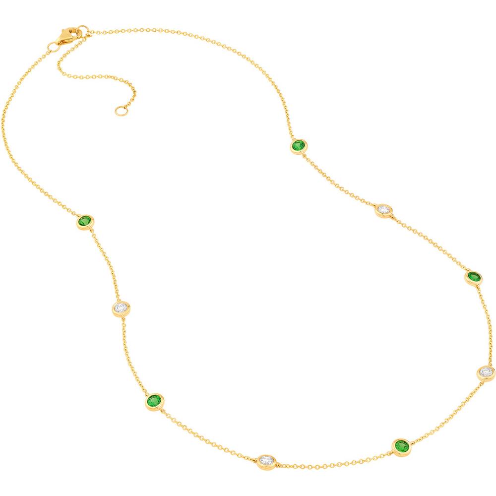 Olas d'Oro - 14K Yellow Gold 0.44 Carat Diamond & Tsavorite Station Necklace with Bezel Setting