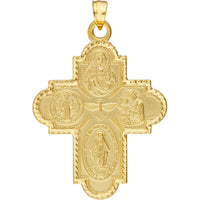 Olas d'Oro - 14K Yellow Gold 4-Way Double Sided Medal Cross Pendant - Sacred Heart, St. Benedict, St. Joseph, and Holy Mary