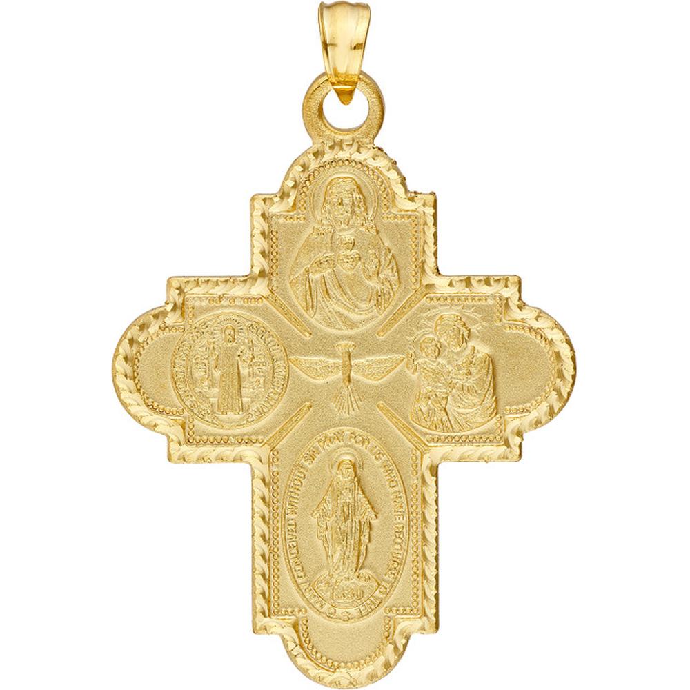 Olas d'Oro - 14K Yellow Gold 4-Way Double Sided Medal Cross Pendant - Sacred Heart, St. Benedict, St. Joseph, and Holy Mary