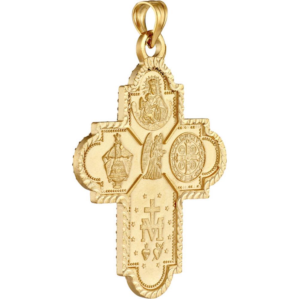 Olas d'Oro - 14K Yellow Gold 4-Way Double Sided Medal Cross Pendant - Sacred Heart, St. Benedict, St. Joseph, and Holy Mary