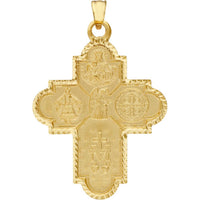 Olas d'Oro - 14K Yellow Gold 4-Way Double Sided Medal Cross Pendant - Sacred Heart, St. Benedict, St. Joseph, and Holy Mary