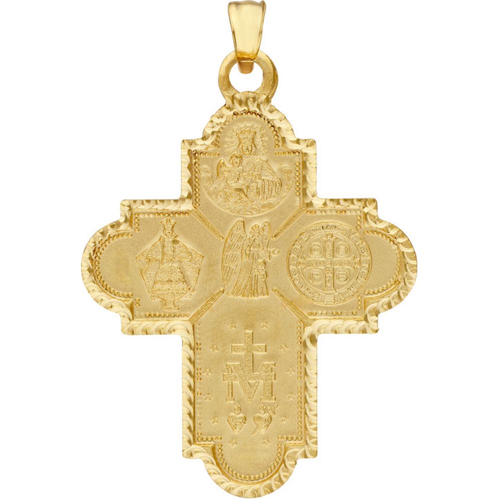 Olas d'Oro - 14K Yellow Gold 4-Way Double Sided Medal Cross Pendant - Sacred Heart, St. Benedict, St. Joseph, and Holy Mary