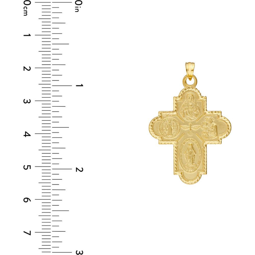 Olas d'Oro - 14K Yellow Gold 4-Way Double Sided Medal Cross Pendant - Sacred Heart, St. Benedict, St. Joseph, and Holy Mary