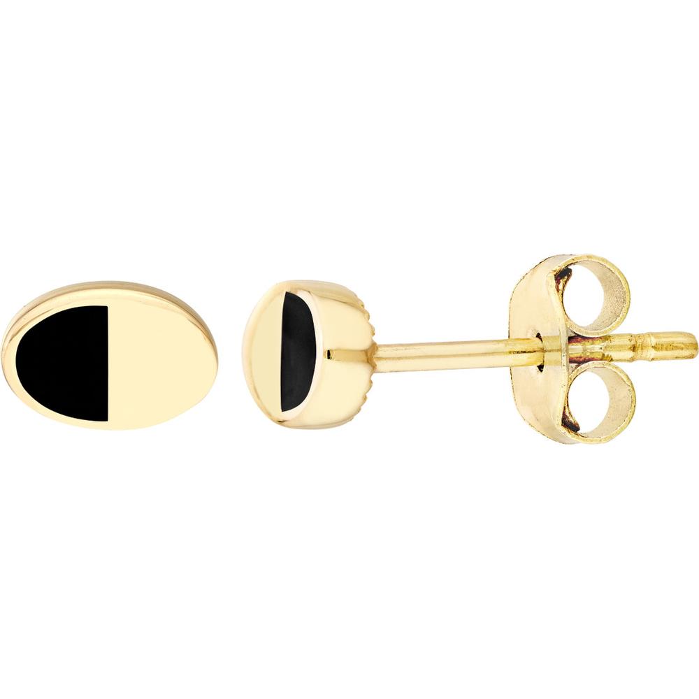 Olas d'Oro - 14K Yellow Gold 6mm x 4mm Black Enamel and High Polished Oval Stud Earrings