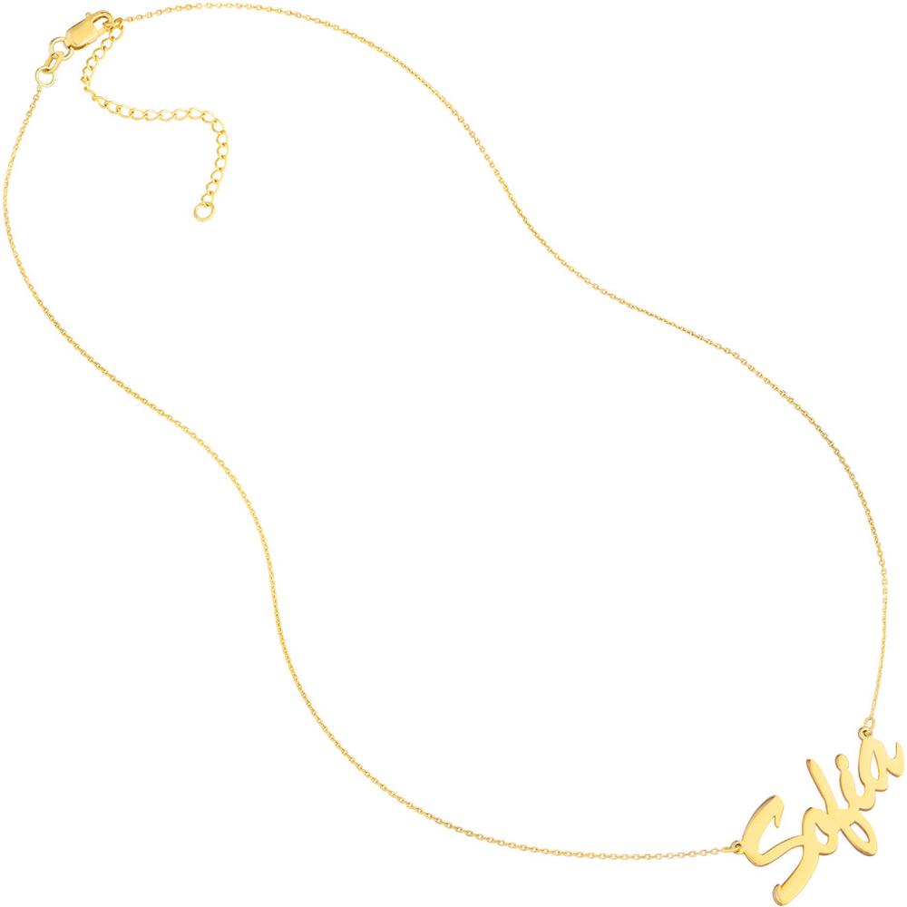 Olas d'Oro - 14K Yellow Gold 7mm Brush Font Nameplate Necklace Adjustable from 16 to 18 Inches