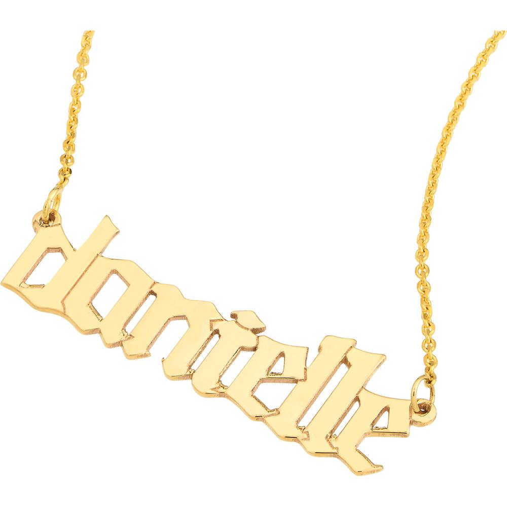 Olas d'Oro - 14K Yellow Gold 7mm Gothic Nameplate Necklace - Adjustable from 16 to 18 Inches
