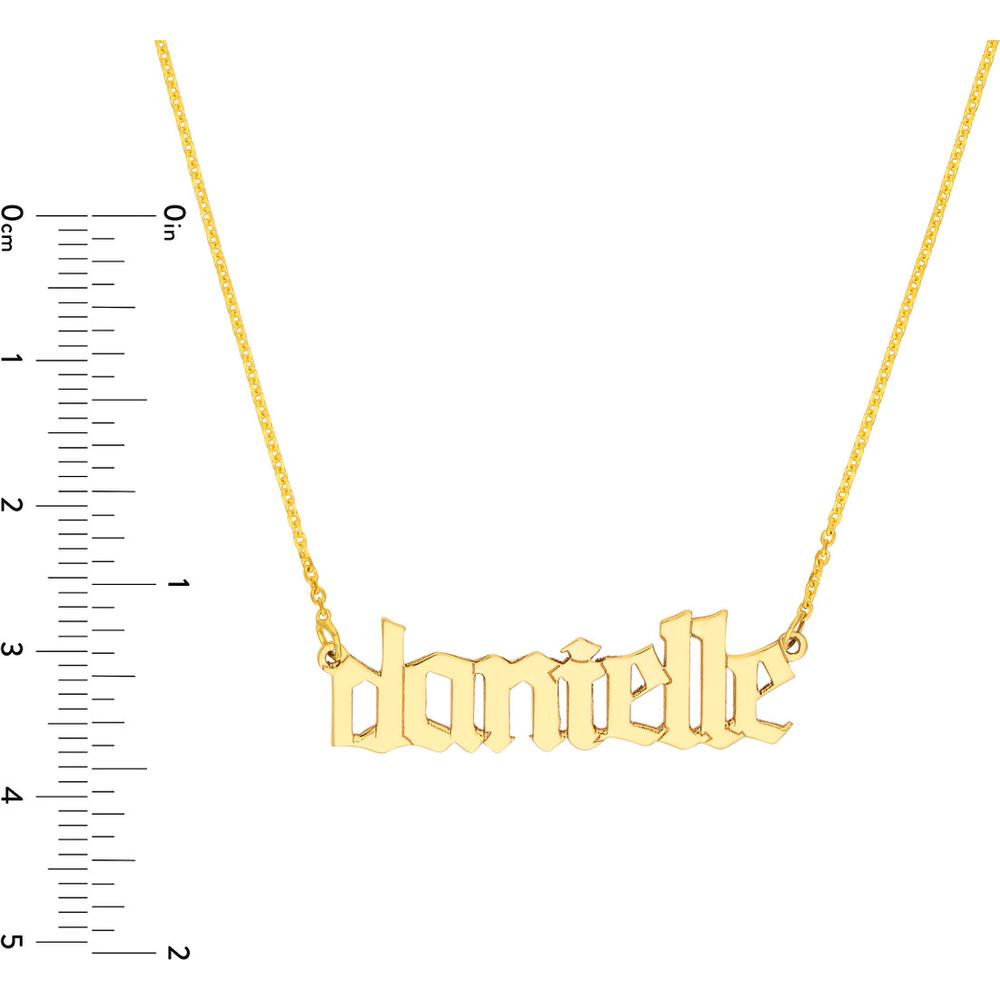 Olas d'Oro - 14K Yellow Gold 7mm Gothic Nameplate Necklace - Adjustable from 16 to 18 Inches