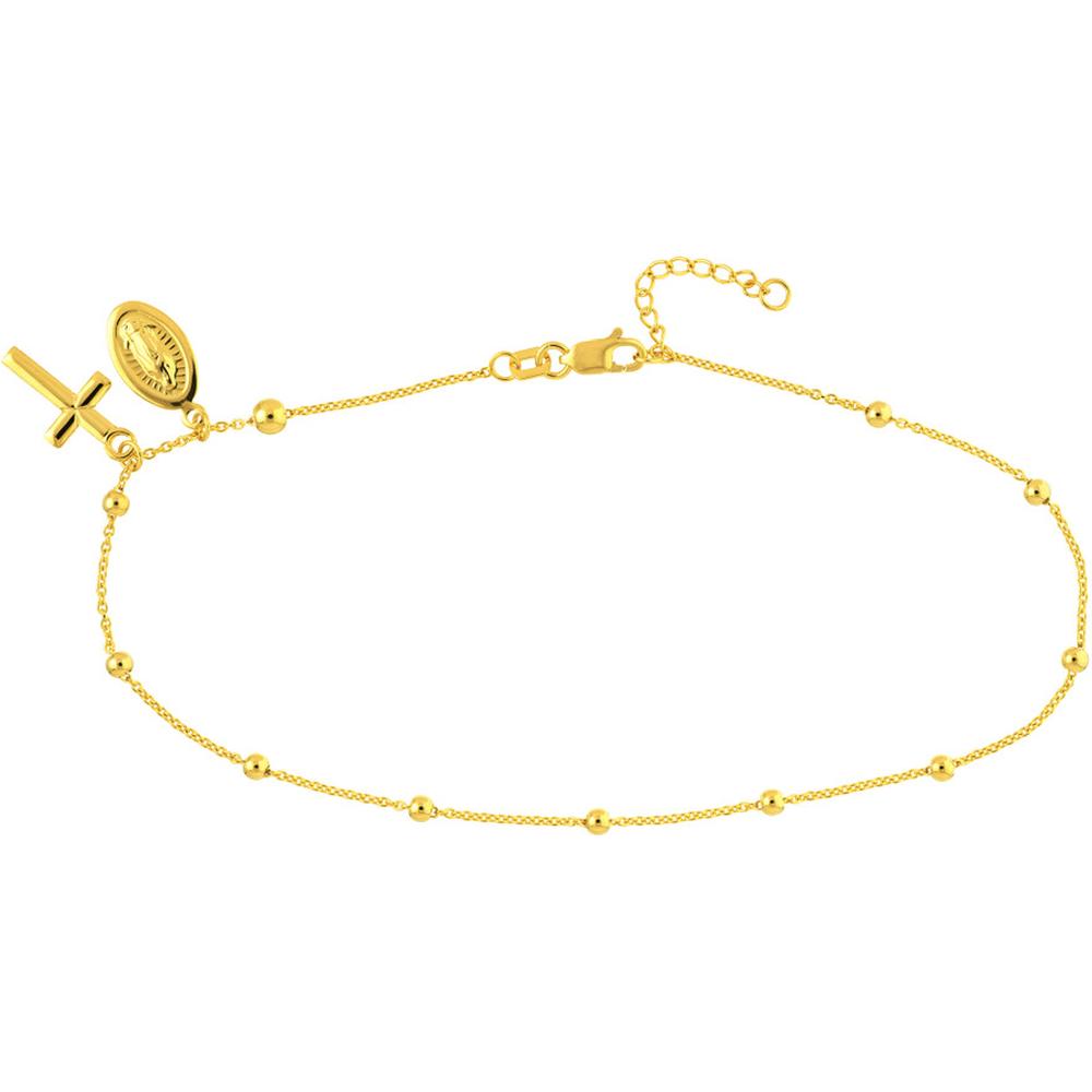 Olas d'Oro - 14K Yellow Gold Adjustable Anklet with Virgin Mary and Cross - 2.73 Grams