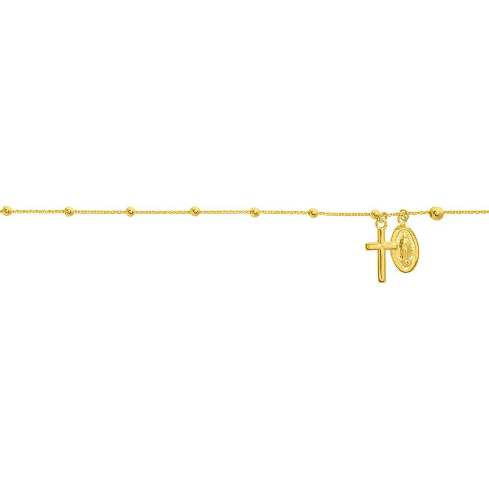 Olas d'Oro - 14K Yellow Gold Adjustable Anklet with Virgin Mary and Cross - 2.73 Grams