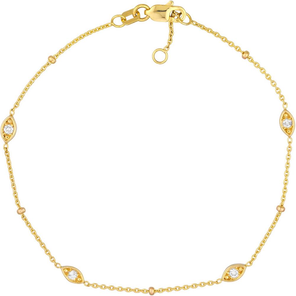 Olas d'Oro - 14K Yellow Gold Adjustable Bracelet with Diamond Marquise Bezels and Beads - 0.12 Carat Total Diamond Weight