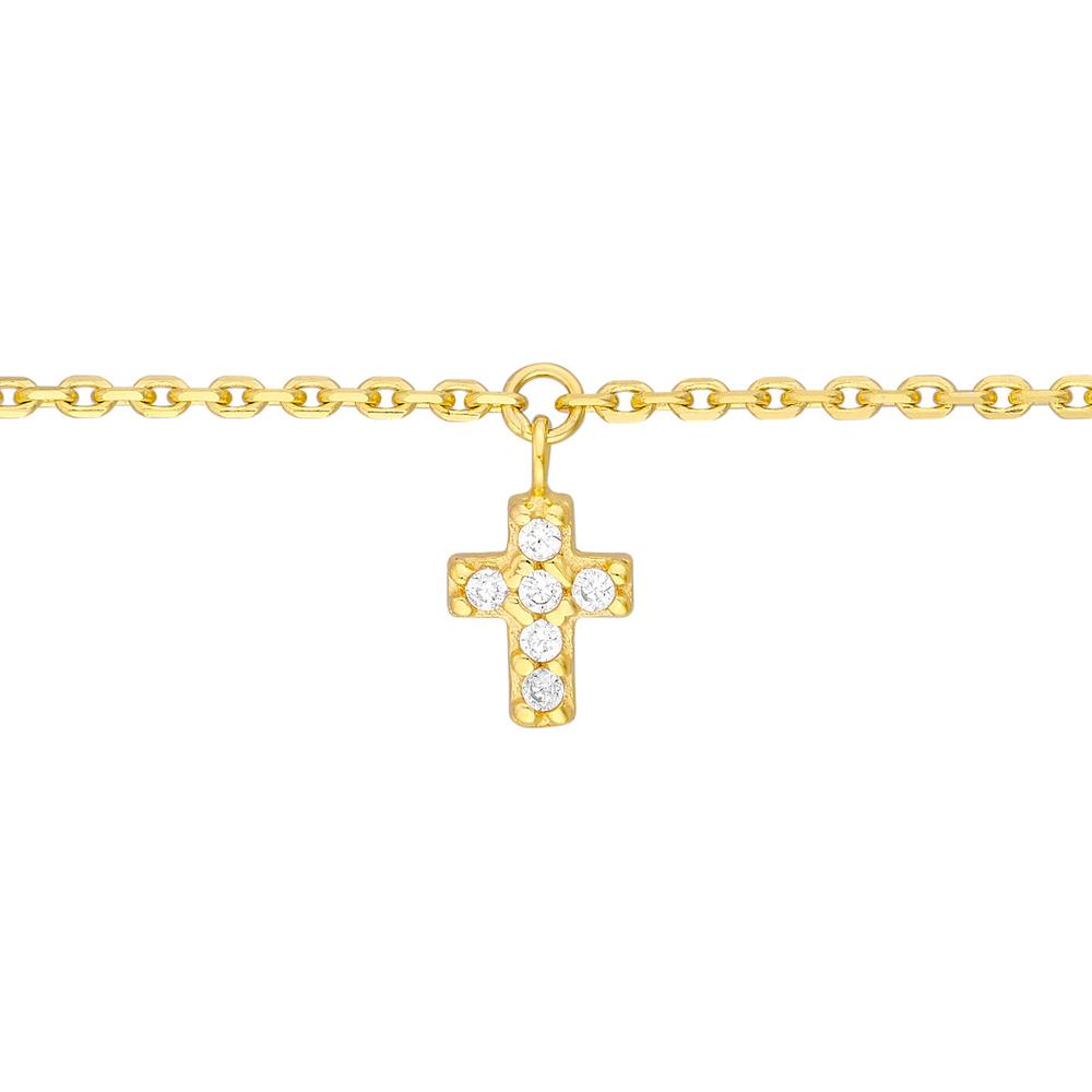 Olas d'Oro - 14K Yellow Gold Adjustable CZ Cross Dangle Choker Necklace