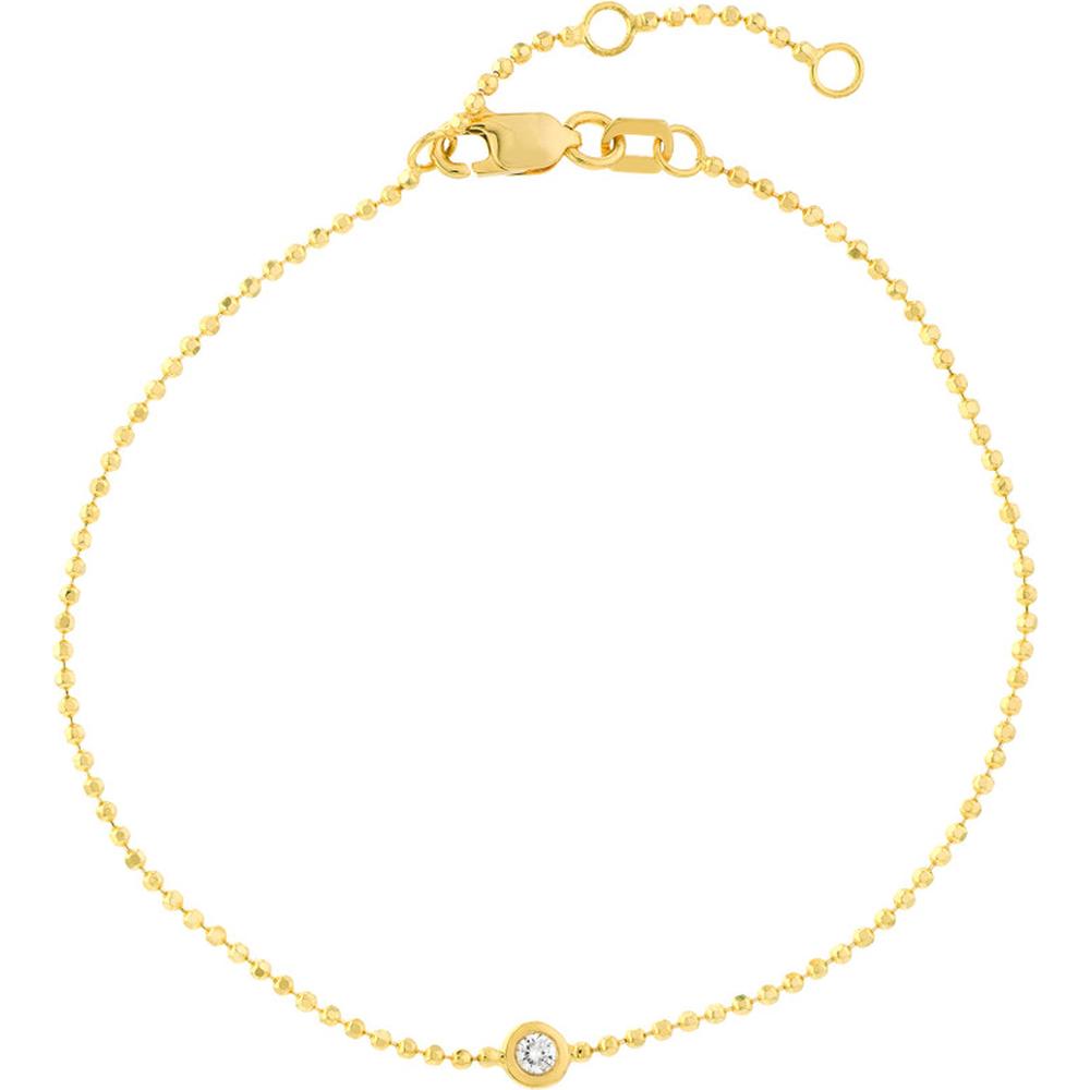 Olas d'Oro - 14K Yellow Gold Adjustable Diamond Cut Beaded Chain Bracelet with 0.03 Carat Total Diamond Weight