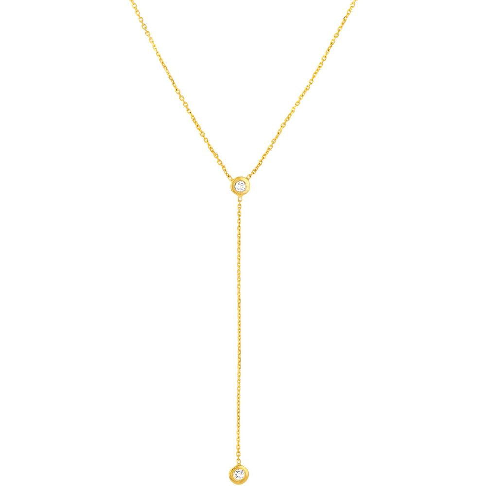 Olas d'Oro - 14K Yellow Gold Adjustable Y-Necklace with Two Bezel-Set Diamonds - 0.06 Carat Total Diamond Weight