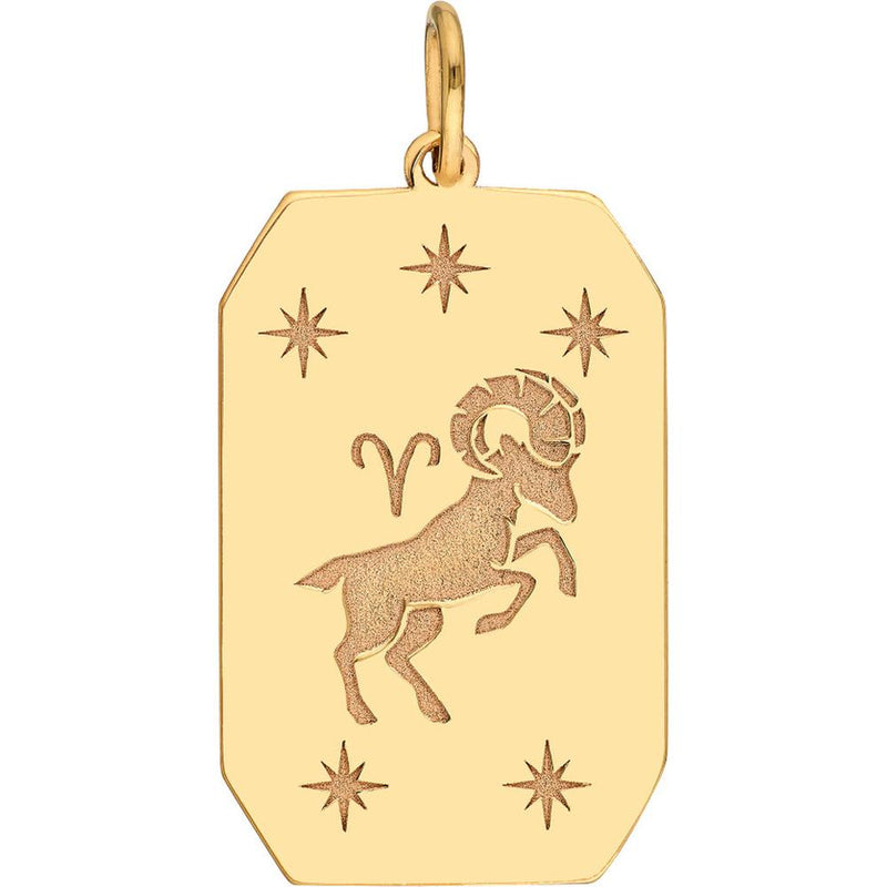Olas d'Oro - 14K Yellow Gold Aries Engraved Zodiac Pendant with Star Detailing - 1.68 Grams