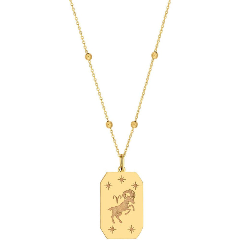 Olas d'Oro - 14K Yellow Gold Aries Engraved Zodiac Pendant with Star Detailing - 1.68 Grams