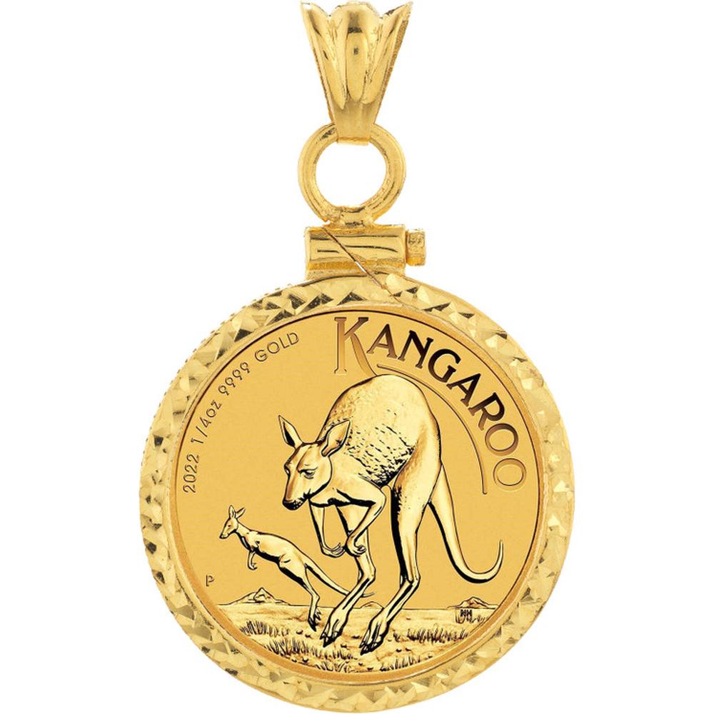 Olas d'Oro - 14K Yellow Gold Australian Kangaroo 1/4 Oz Coin Pendant with Diamond Cut Bezel