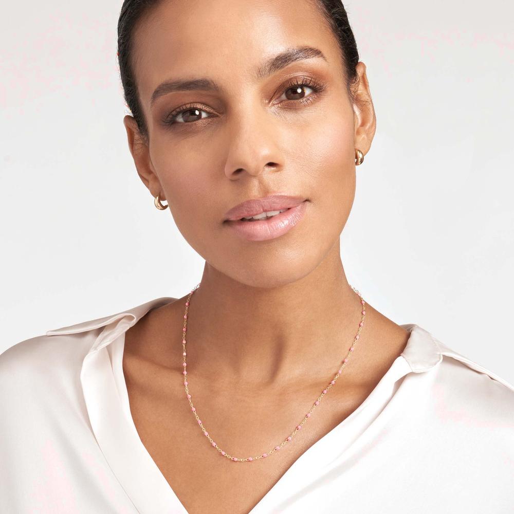 Olas d'Oro - 14K Yellow Gold Baby Pink Enamel Bead Piatto Chain 18" Necklace 1.59 Grams Average Weight