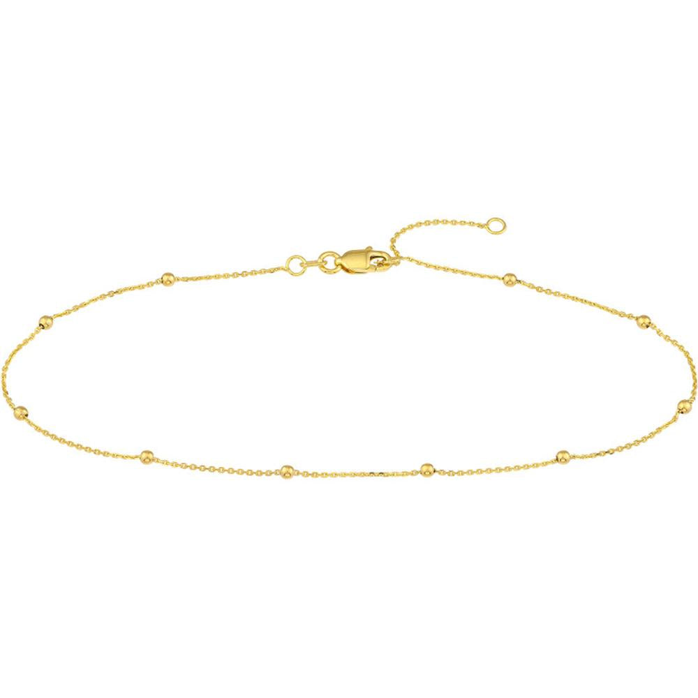 Olas d'Oro - 14K Yellow Gold Bead Station Anklet with Lobster Clasp Adjustable 9-10 Inch Length