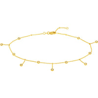 Olas d'Oro - 14K Yellow Gold Bezel Station and Drop Adjustable Anklet with CZ Stones - 2.78 Grams Total Weight