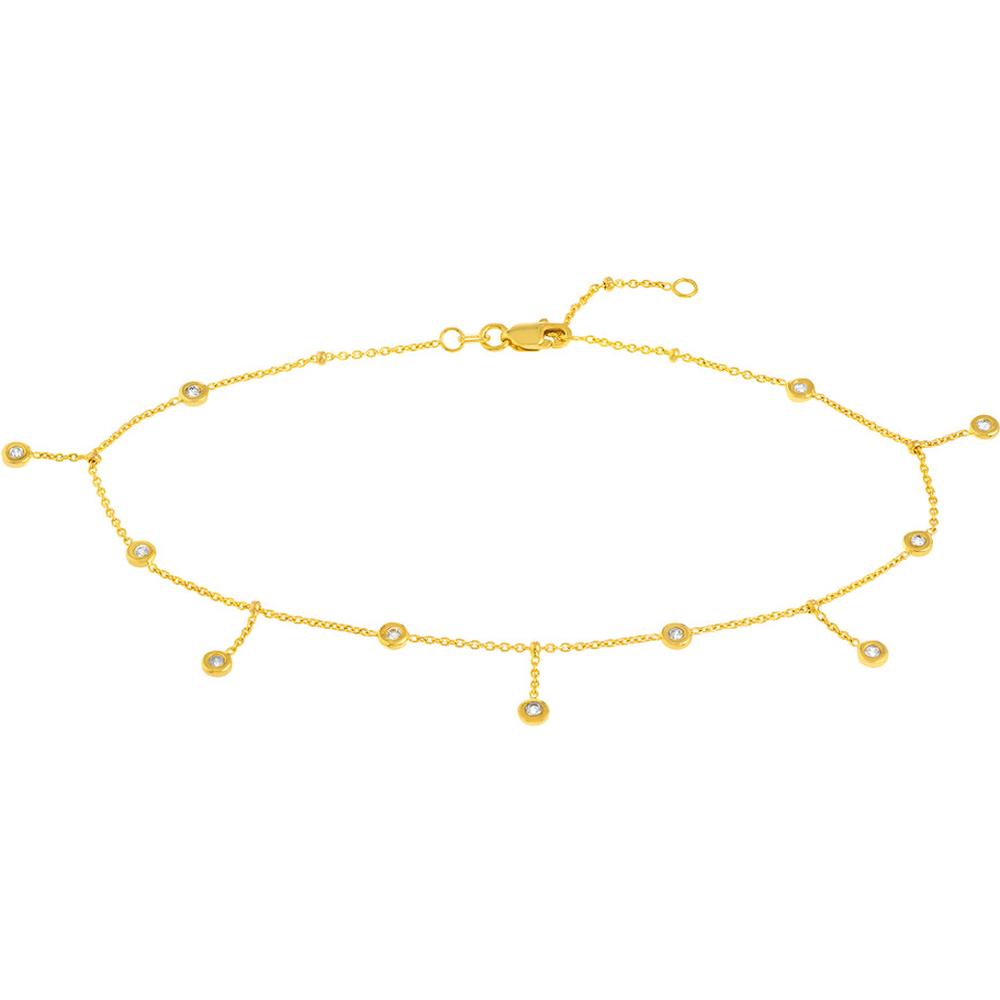 Olas d'Oro - 14K Yellow Gold Bezel Station and Drop Adjustable Anklet with CZ Stones - 2.78 Grams Total Weight