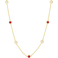 Olas d'Oro - 14K Yellow Gold Bezel Station Necklace with 3/8 Carat Diamonds & 3/4 Carat Rubies - Adjustable 2" Extender