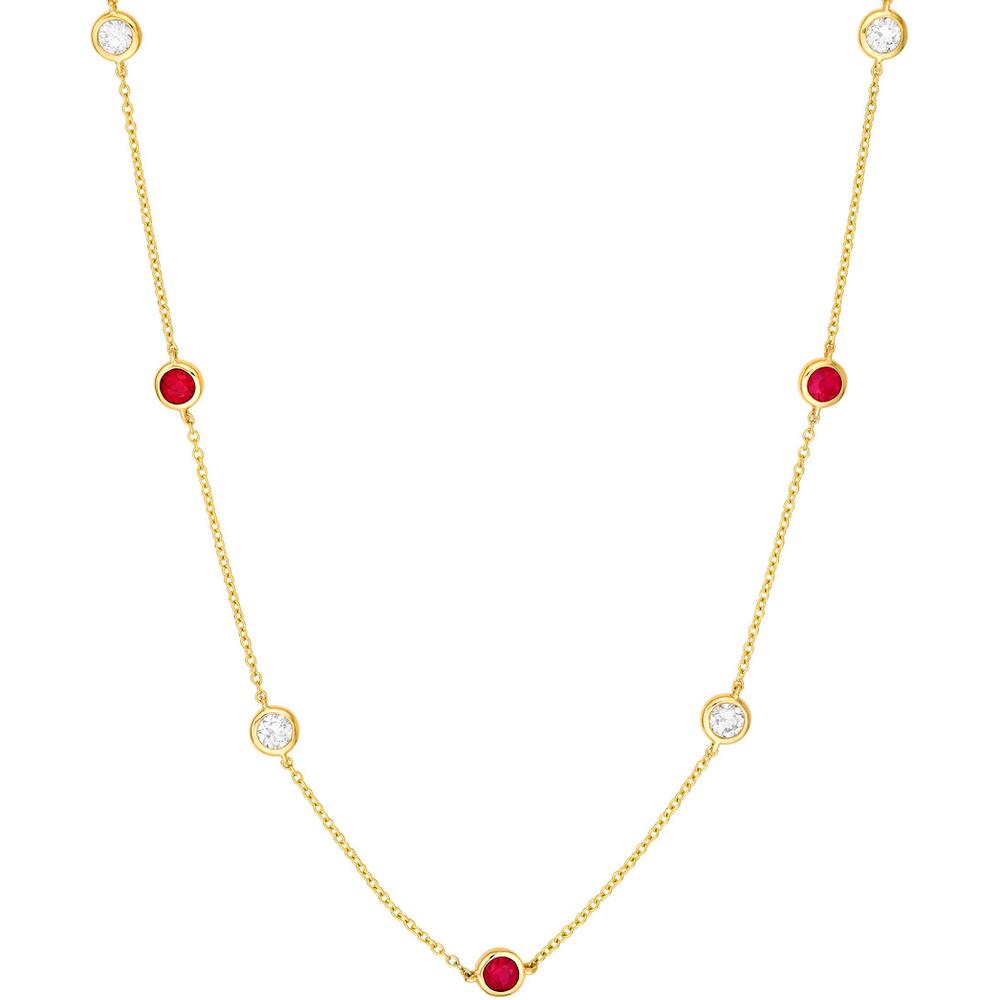 Olas d'Oro - 14K Yellow Gold Bezel Station Necklace with 3/8 Carat Diamonds & 3/4 Carat Rubies - Adjustable 2" Extender