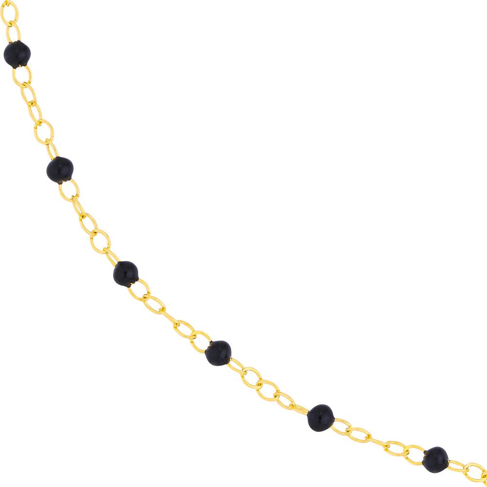 Olas d'Oro - 14K Yellow Gold Black Enamel Beaded Piatto Chain Necklace 18" - Adjustable 1.59 Grams