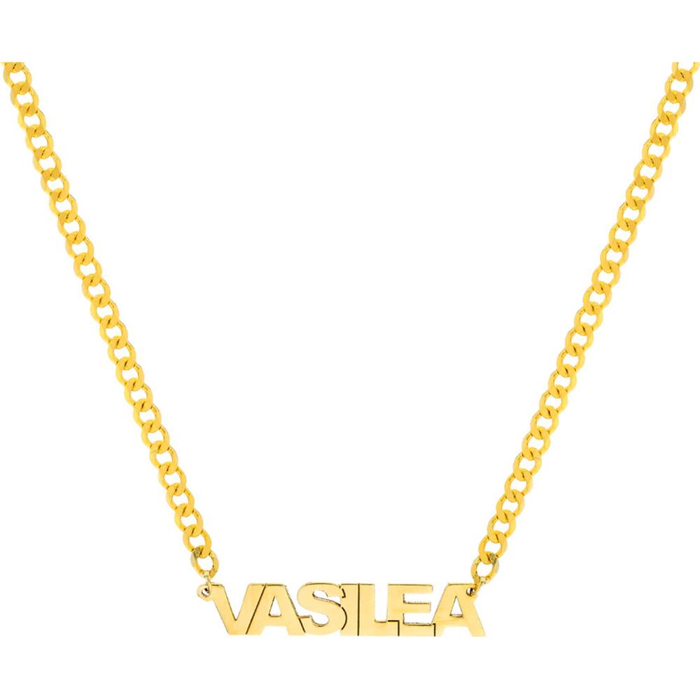 Olas d'Oro - 14K Yellow Gold Block Nameplate Necklace with 2.7mm Curb Chain - 6.90 Grams