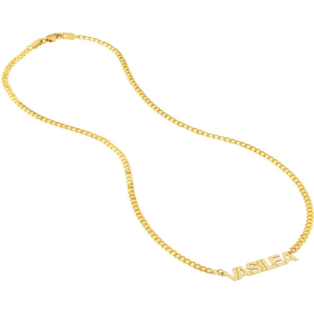 Olas d'Oro - 14K Yellow Gold Block Nameplate Necklace with 2.7mm Curb Chain - 6.90 Grams