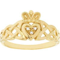 Olas d'Oro - 14K Yellow Gold Braided Claddagh Ring with Diamond Accent - 0.02 Carat Total Diamond Weight