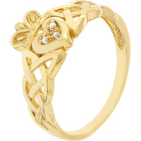 Olas d'Oro - 14K Yellow Gold Braided Claddagh Ring with Diamond Accent - 0.02 Carat Total Diamond Weight