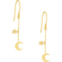 Olas d'Oro - 14K Yellow Gold Crescent Moon and Star Drop Earrings - 1.05 Grams Total Weight