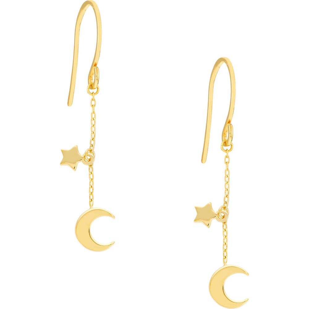 Olas d'Oro - 14K Yellow Gold Crescent Moon and Star Drop Earrings - 1.05 Grams Total Weight