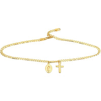 Olas d'Oro - 14K Yellow Gold Cross and Virgin Mary Dangle Anklet on Open Curb Chain - Adjustable 9-10 Inches