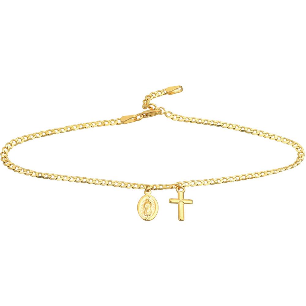 Olas d'Oro - 14K Yellow Gold Cross and Virgin Mary Dangle Anklet on Open Curb Chain - Adjustable 9-10 Inches