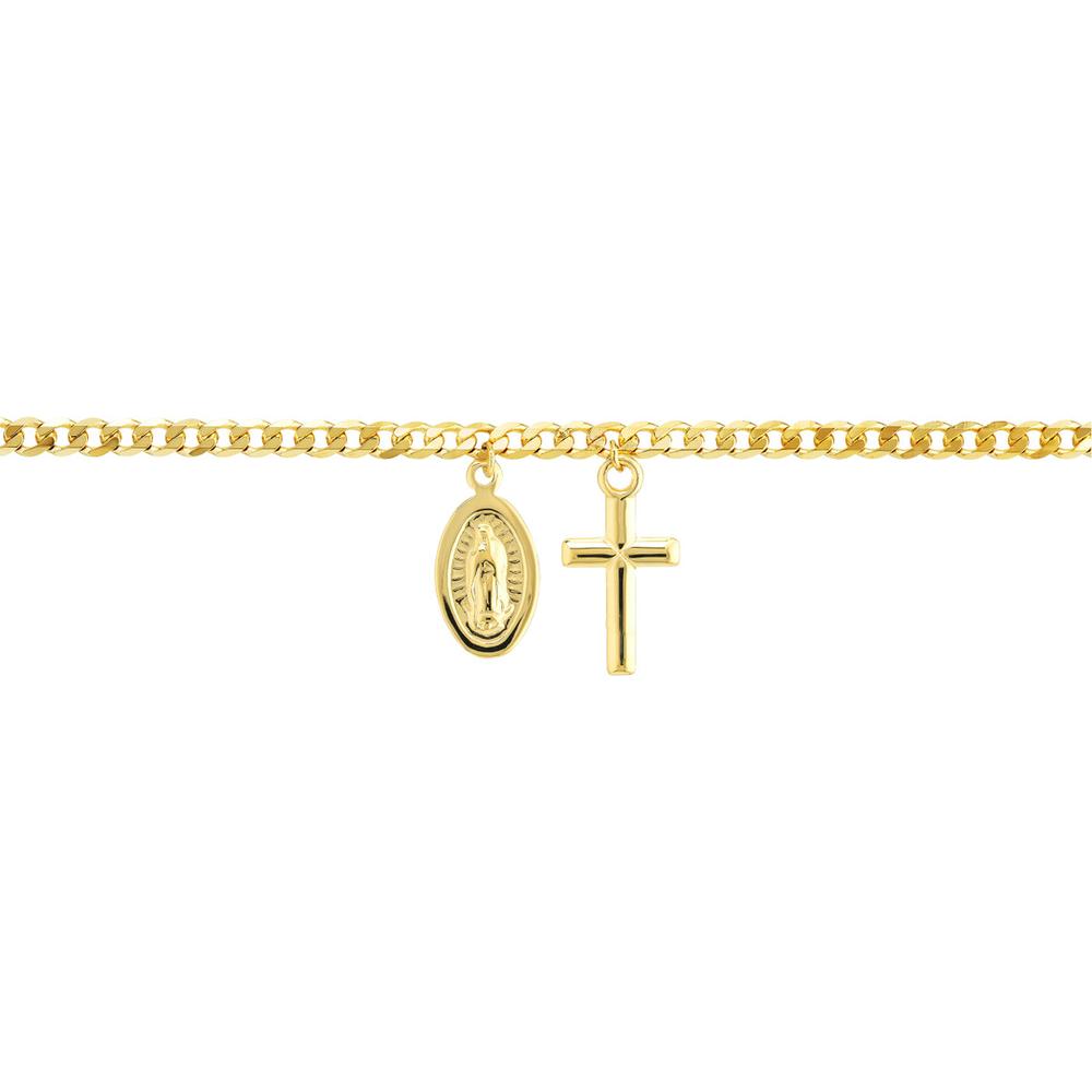 Olas d'Oro - 14K Yellow Gold Cross and Virgin Mary Dangle Anklet on Open Curb Chain - Adjustable 9-10 Inches