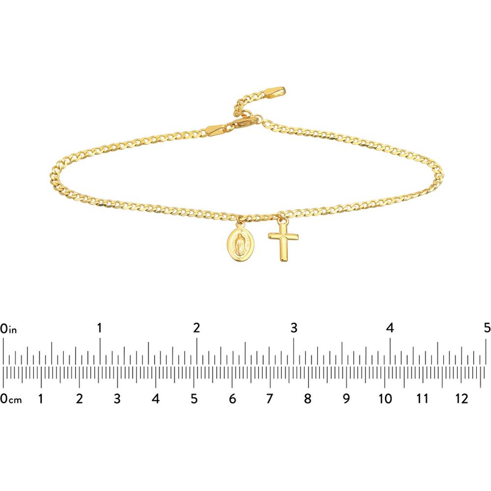 Olas d'Oro - 14K Yellow Gold Cross and Virgin Mary Dangle Anklet on Open Curb Chain - Adjustable 9-10 Inches