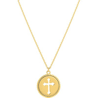 Olas d'Oro - 14K Yellow Gold Cross Cutout Beaded Medallion Necklace - 12mm Disc