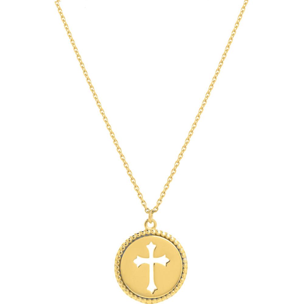 Olas d'Oro - 14K Yellow Gold Cross Cutout Beaded Medallion Necklace - 12mm Disc