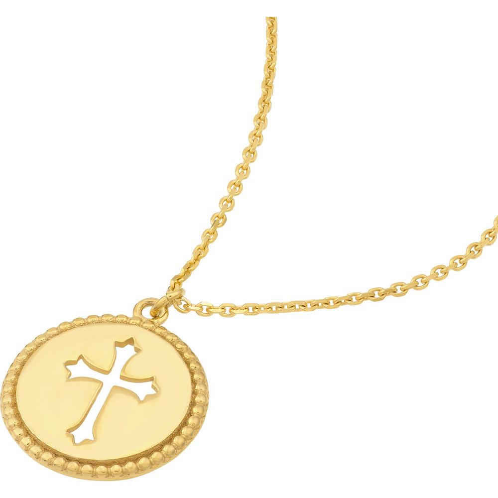 Olas d'Oro - 14K Yellow Gold Cross Cutout Beaded Medallion Necklace - 12mm Disc
