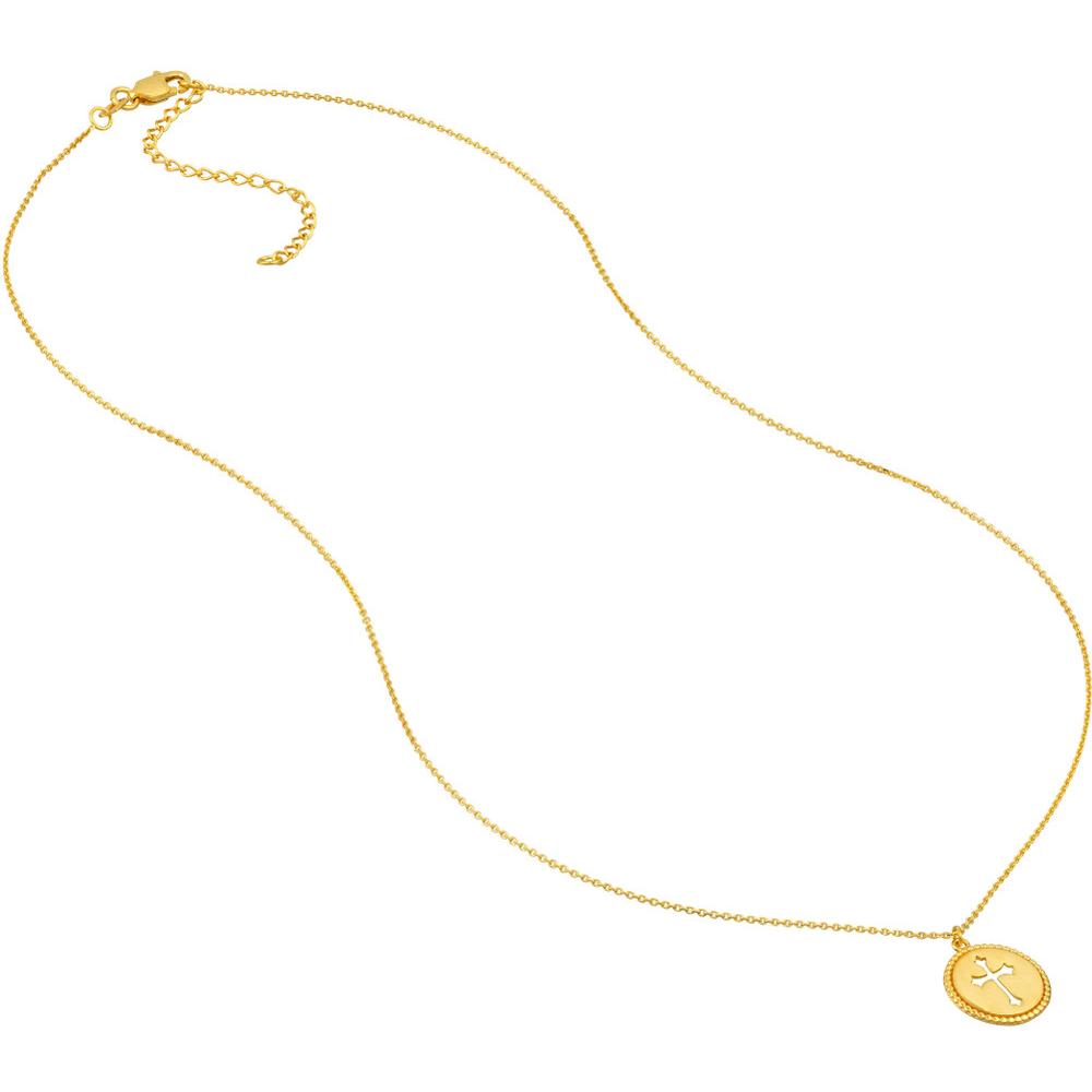 Olas d'Oro - 14K Yellow Gold Cross Cutout Beaded Medallion Necklace - 12mm Disc