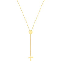 Olas d'Oro - 14K Yellow Gold Cross Lariat Necklace with Disc Pendant - Adjustable 2" Chain