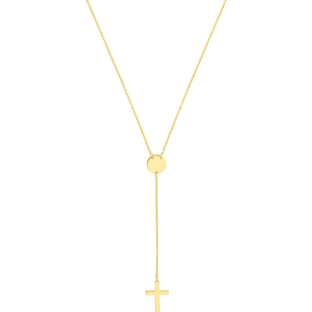 Olas d'Oro - 14K Yellow Gold Cross Lariat Necklace with Disc Pendant - Adjustable 2" Chain