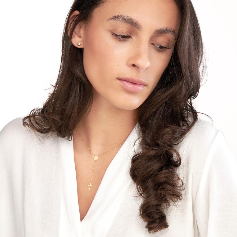 Olas d'Oro - 14K Yellow Gold Cross Lariat Necklace with Disc Pendant - Adjustable 2" Chain