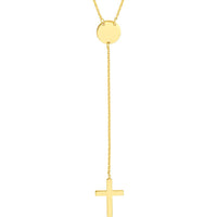 Olas d'Oro - 14K Yellow Gold Cross Lariat Necklace with Disc Pendant - Adjustable 2" Chain