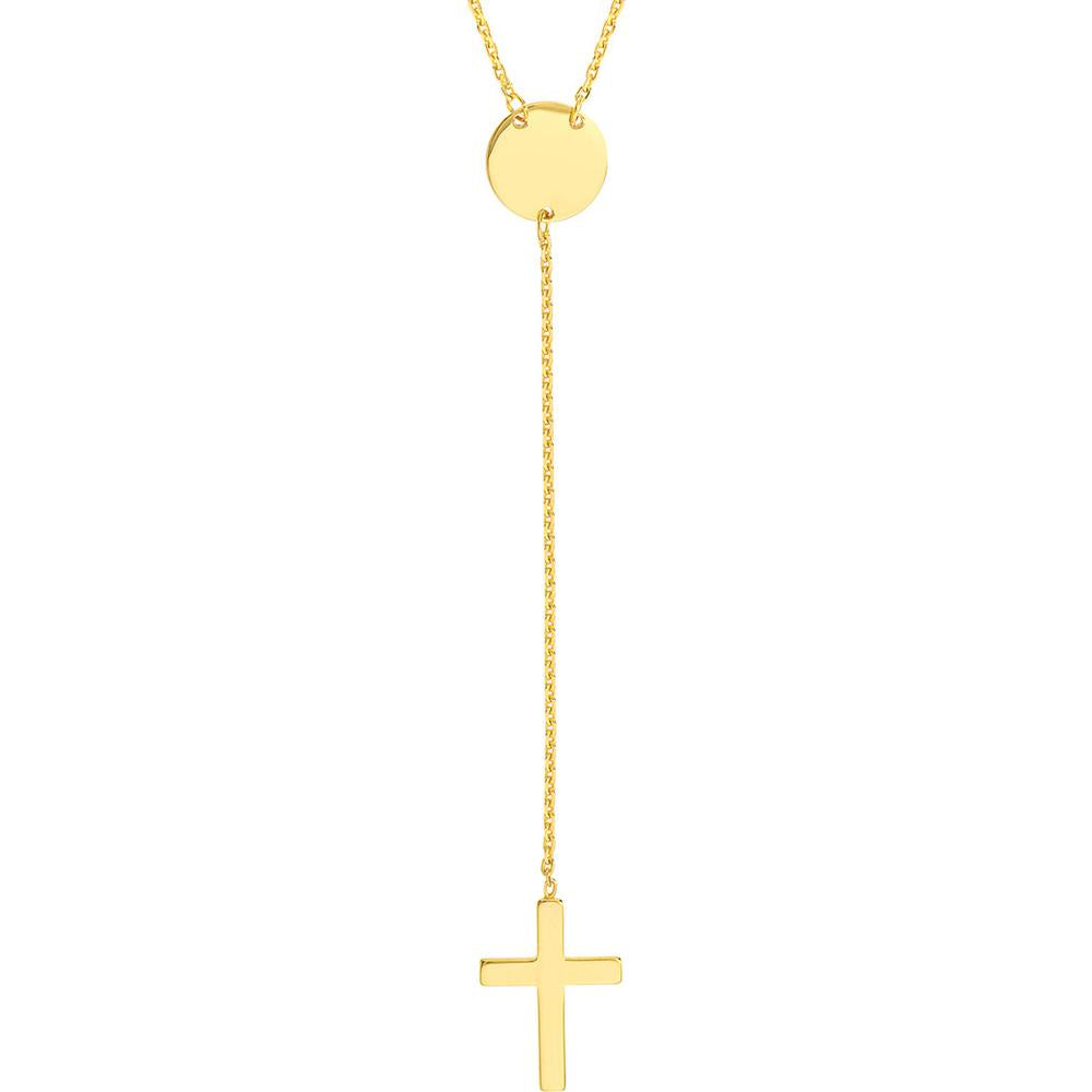 Olas d'Oro - 14K Yellow Gold Cross Lariat Necklace with Disc Pendant - Adjustable 2" Chain