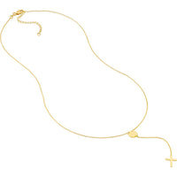 Olas d'Oro - 14K Yellow Gold Cross Lariat Necklace with Disc Pendant - Adjustable 2" Chain