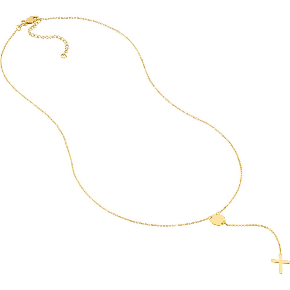 Olas d'Oro - 14K Yellow Gold Cross Lariat Necklace with Disc Pendant - Adjustable 2" Chain