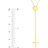 Olas d'Oro - 14K Yellow Gold Cross Lariat Necklace with Disc Pendant - Adjustable 2" Chain